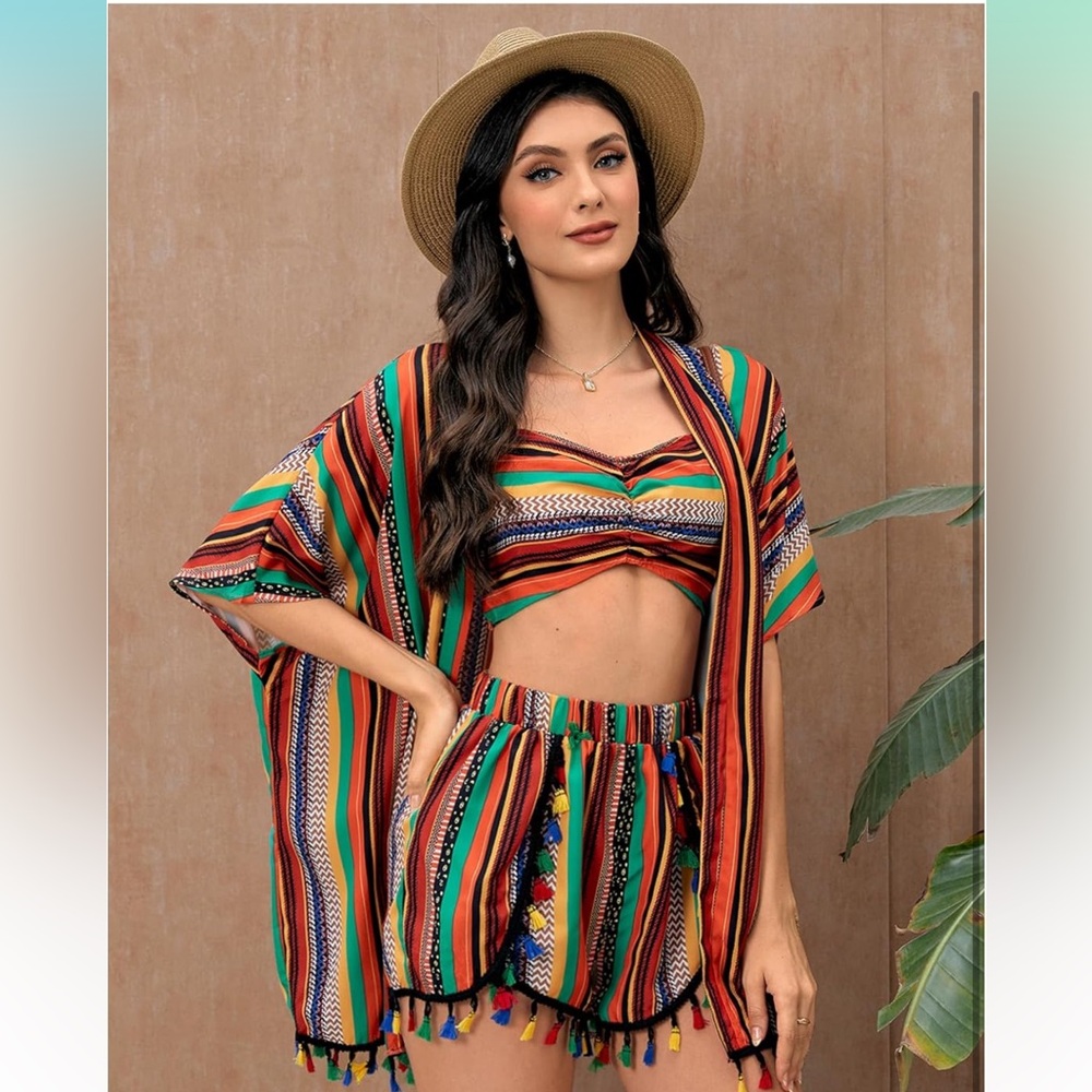 3 Piece Set - Boho Striped Tassel Shorts Top and Kimono
